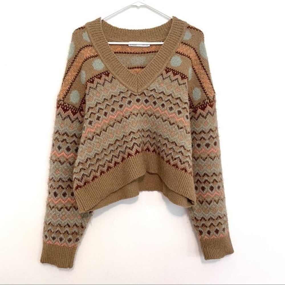 ZARA Tan Brown Blue Pink Fair Isle Nordic Fuzzy Cropped Crop Wool Blend Sweater